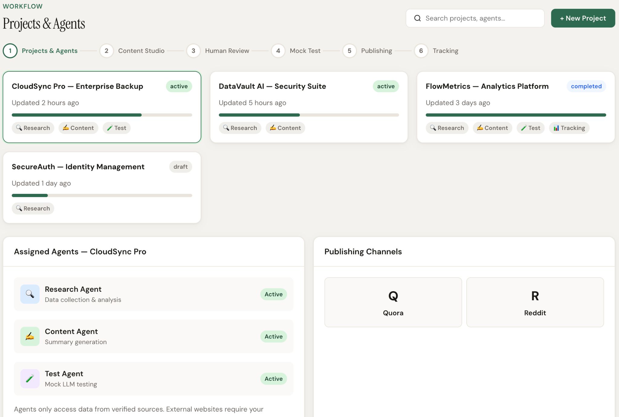 Projects & Agents view in MarkiRise